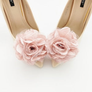 Pink fabric flower shoe clips with two large rosette blooms