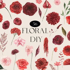 Watercolor floral DIY clipart, mixed red and pink flowers with leaves and stems
