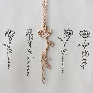 Rose gold tone necklace chain with birth-flower and name pendant charms