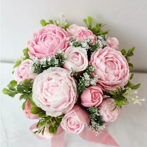 Peony flower bouquet soap with pink and white blooms, green leaves, ribbon