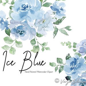 Watercolor floral clipart with light blue flowers and green leaves on a wreath