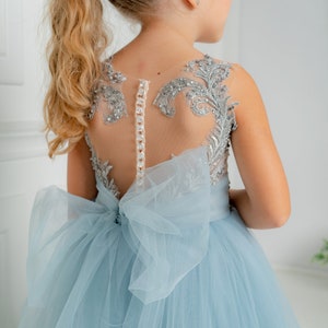 Light blue lace and tulle flower girl dress with open back and decorative straps