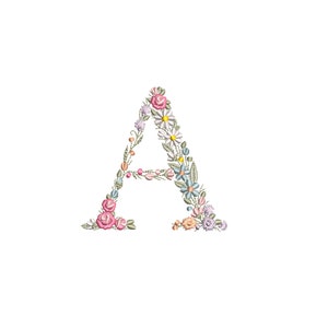Embroidered uppercase letter A with delicate multi-color floral design