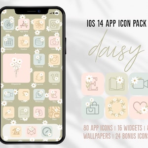 Daisy iOS14 Handdrawn App Icons Floral Theme Pack Aesthetic Green Pink iOS 14 Flower Icons Hand Drawn iPhone Covers Widgets Pastel iOS Decor