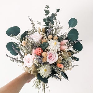 Bridal preserved floral bouquet with pink roses, white blooms, and eucalyptus leaves