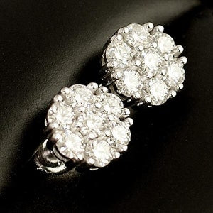 Silver-tone moissanite cluster flower stud earrings, round halo design