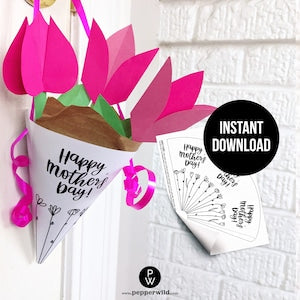 Printable Mother's Day flower basket template with pink flower shapes and 'Happy Mother's Day' card