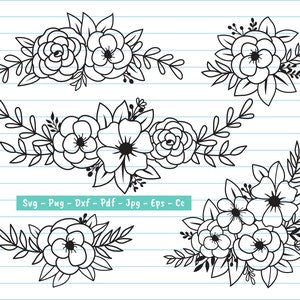 Floral line-art SVG bundle with flower corners and border strips