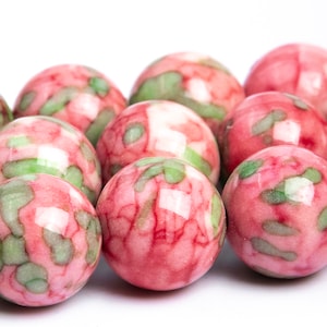 Round pink and green jade beads with floral rain pattern, glossy loose bead lot