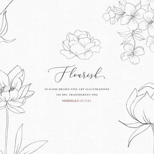 Fine art botanical line art clipart sheet with peony-style flowers, leaves, and 'Flourish' text