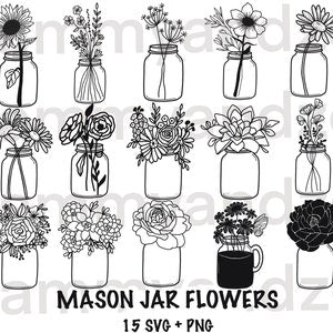 Mason jar flowers SVG bundle, black line art jars with layered flowers and leaves.