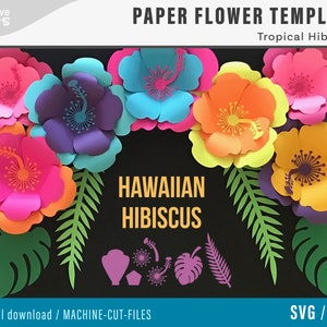 Tropical paper flower hibiscus SVG template with centers, leaves, and cut lines