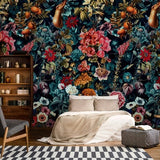 Floral wall mural wallpaper with dark teal, pink, and orange blooms; removable peel-and-stick