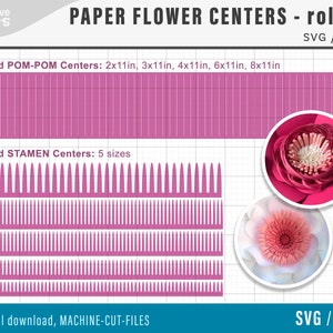 Rolled fringe paper flower centers SVG set, with purple stamen strip rows and one sample center