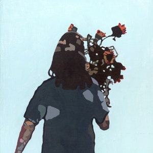 Giclee print featuring dark-toned figures with red accents and textured brushwork