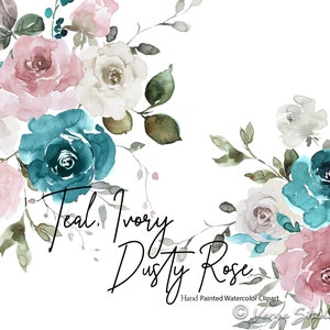 Watercolor floral bouquet clipart with teal, dusty rose, ivory roses and green leaves