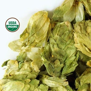 Organic whole dried hop flowers (hop petals), green, USDA Organic seal visible
