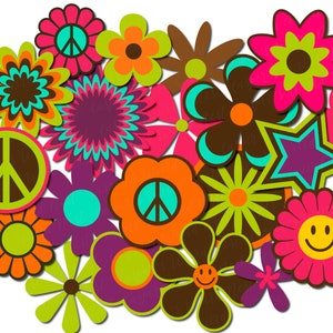 Retro layered flower graphic set with colorful flowers and peace symbol