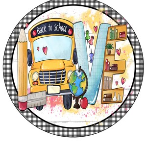 Back to school bus and globe circular wreath sign with check border
