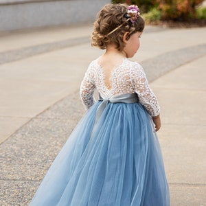 Flower girl dress with lace back bodice and dusty blue tulle skirt