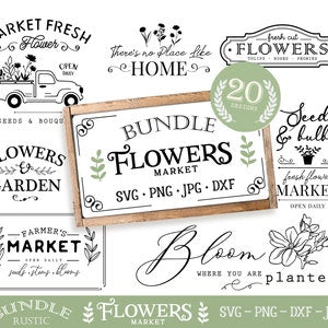 Flower market SVG bundle with farmhouse flower sign and floral clipart stickers