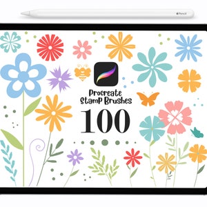 Flower Garden Procreate stamp brush set cover with colorful floral icons and '100'