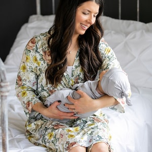 Matching maternity robe and baby swaddle set, floral long robe with wrapped infant