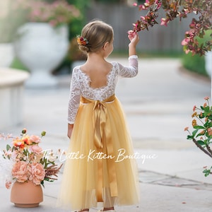 Back view of flower girl dress with lace bodice, long sleeves, and layered tulle skirt