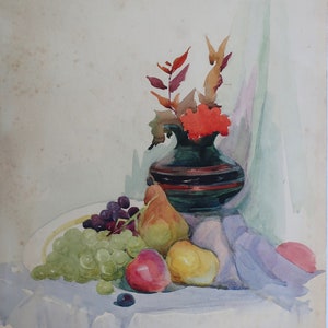Still life painting of fruit and flowers in a vase on a light tablecloth