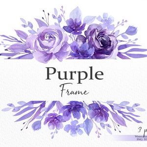 Watercolor floral frame clipart with purple flowers