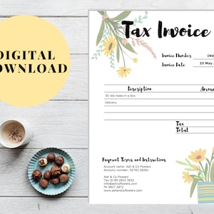 Floral tax invoice template page with decorative botanical border, 8 x 11 in.