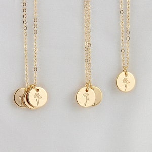 Gold-tone round birth-flower disc necklace with engraved initial and link chain