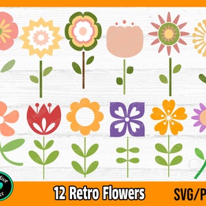 Retro flowers SVG bundle with 12 colorful wildflower-style icons and groovy boho blooms