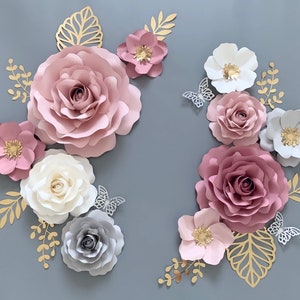 Mauve and pink paper flower wall decor set with white and gray blossoms