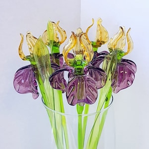 True Size Glass Iris Flower with Leaf, Yellow Purple Blown Glass Iris Flower Glass Figurine, Hand Blown Spring Flower