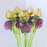 True Size Glass Iris Flower with Leaf, Yellow Purple Blown Glass Iris Flower Glass Figurine, Hand Blown Spring Flower