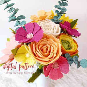 Felt flower bouquet pattern set with five colored felt floral designs