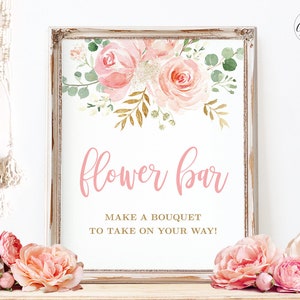 Blush pink floral flower bar sign with rose script text and greenery