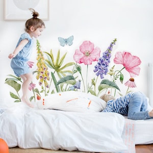Watercolor wildflower wall decals set with pink and purple flowers and butterfly motifs