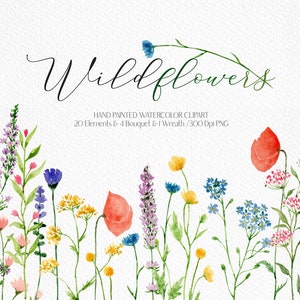 Watercolor wildflower bouquet clipart with mixed blossoms and greenery, wedding border