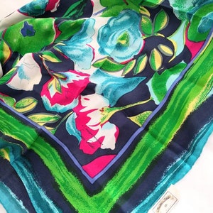 Vintage Emanuel Geraldo square silk scarf with bold green, blue, and pink floral print