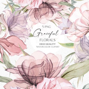 Dusty pink watercolor rose floral clipart with mauve blooms and green leaves