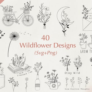 Wildflower SVG bundle with 40 minimalist line-art flower and plant designs, black ink.