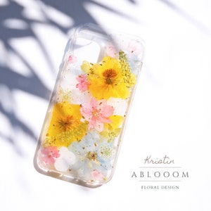 Pressed flower phone case, clear case with yellow and pink pressed blooms
