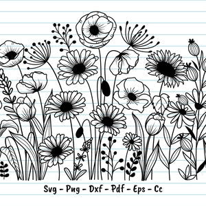 Hand-drawn wildflower line art clipart set with outline daisies and blooms