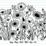 Wildflower Svg, Flower Svg, Hand Drawn Blooming Wildflower Meadow Svg, Floral Svg, Flower Clipart svg, Flower Svg Cut Files, Svg, Png, Dxf.