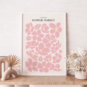 Pink flower market poster with Tokyo Flower Market title and botanical blossom pattern