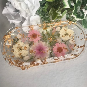 Oval resin flower tray with dried pressed blooms and gold flecks