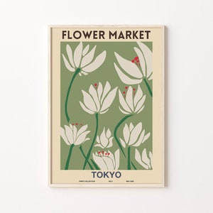 Framed flower market print poster with botanical leaves and small birds, Tokyo