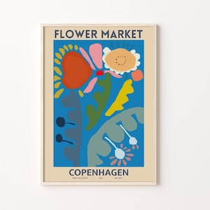Flower market poster with colorful floral illustration and text, Copenhagen